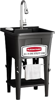 Rubbermaid Utility Sink Laundry Tub, Freestanding All-in-One Sink with Premium Stainless Steel Sprayer Faucet for Laundry Room, Basement, Garage, 24.1" L x 24.1" W x 52.5" H, Black