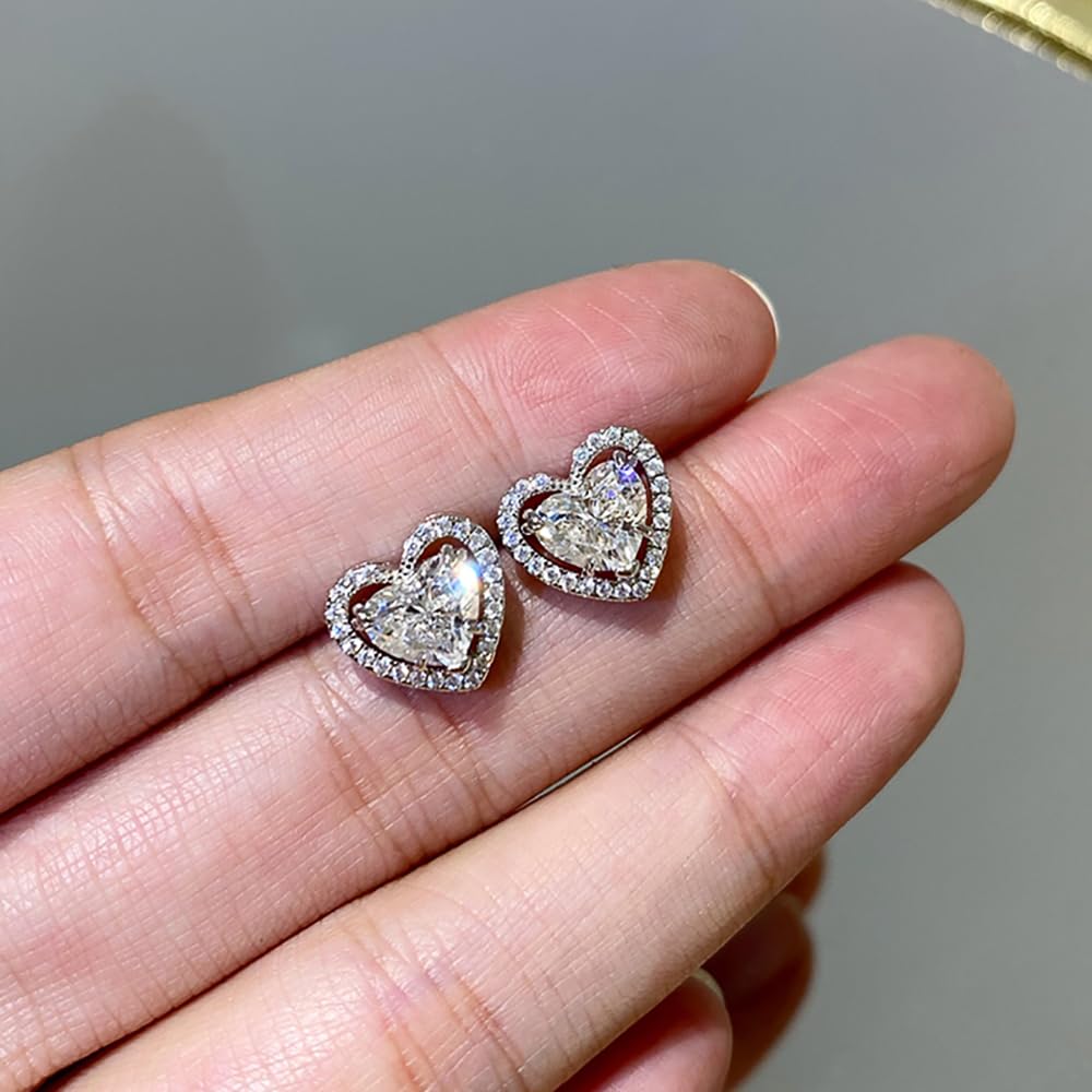 Fancy Heart Shape Cubic Zirconia Love Stud Earrings for Women Silver Color Jewel