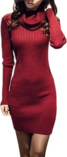 V28 Women's Cowl Neck Knit Stretch Stretch Long Sleeve Slim Fit Sweater Dress