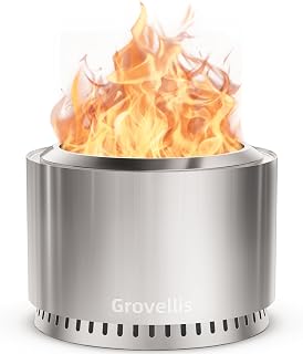 Grovellis 27 inch Smokeless Fire Pit with Waterproof Cover & Fire Poker | Stainless Steel Outdoor Smokeless Firepit, Wood Burning Fire Pits for Camping, Bonfire,Low Smoke Firepit for Outside