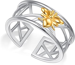 KINGWHYTE Bee Ring 925 Sterling Silver Bee Open Ring Adjustable Animal Rings Jewellery Birthday Christmas Gifts for Women