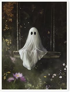 Whimsical Ghost on a Swing Wall Art – Vibrant Floral Canvas Print, Cute Halloween or Year-Round Decor for Bedroom, Entryway, or Cottage Gallery Wall 12x16in Unframed