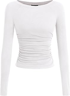 PRETTYGARDEN Long Sleeve Shirts for Women 2025 Fall Ruched Sides Boat Neck Basic Tee Casual Fitted Ribbed Knit Crop Tops