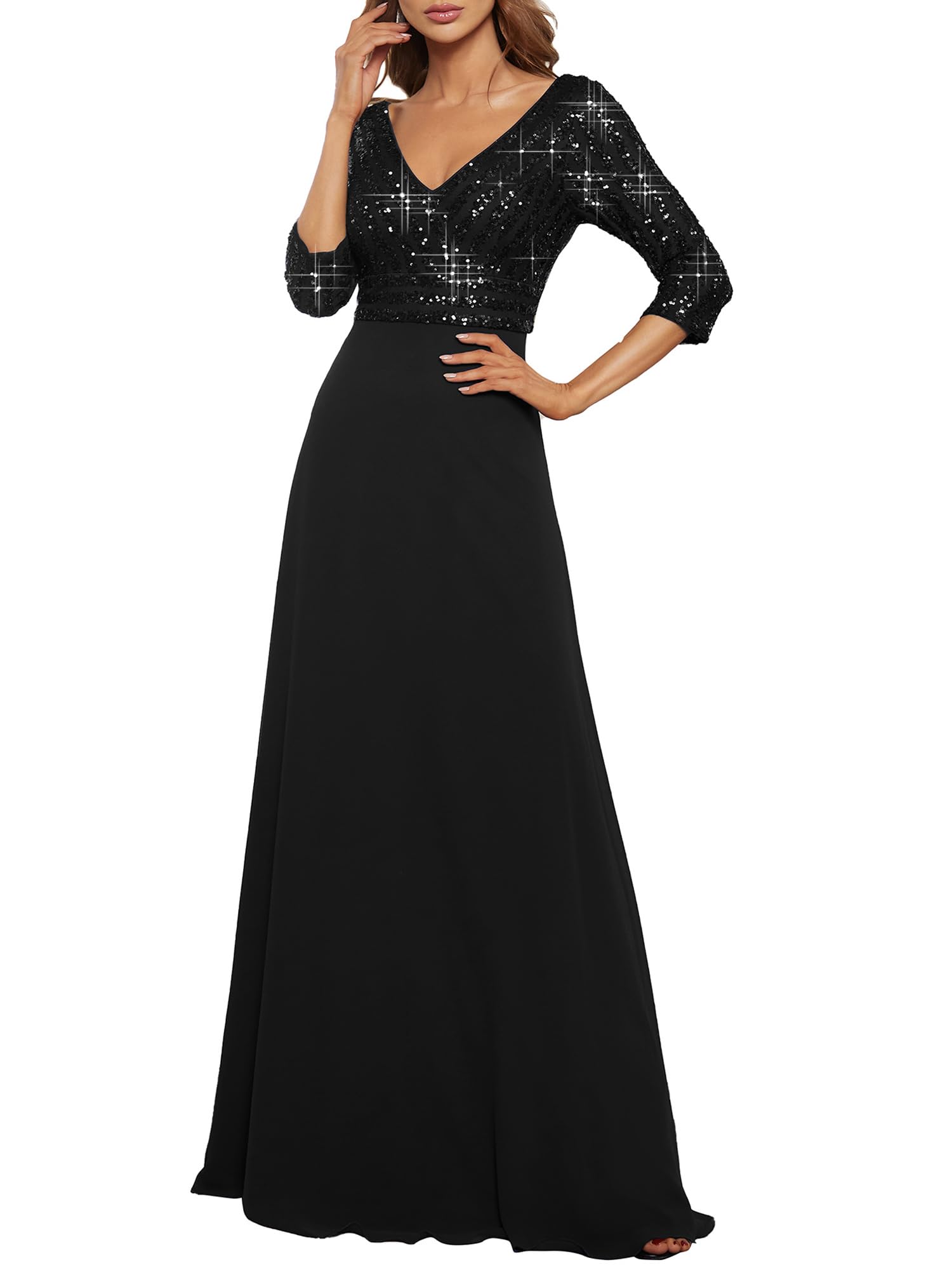 Ever-Pretty Elegant Empire V-Neck A-Line Long Sleeve Sequins Party Dress 00751