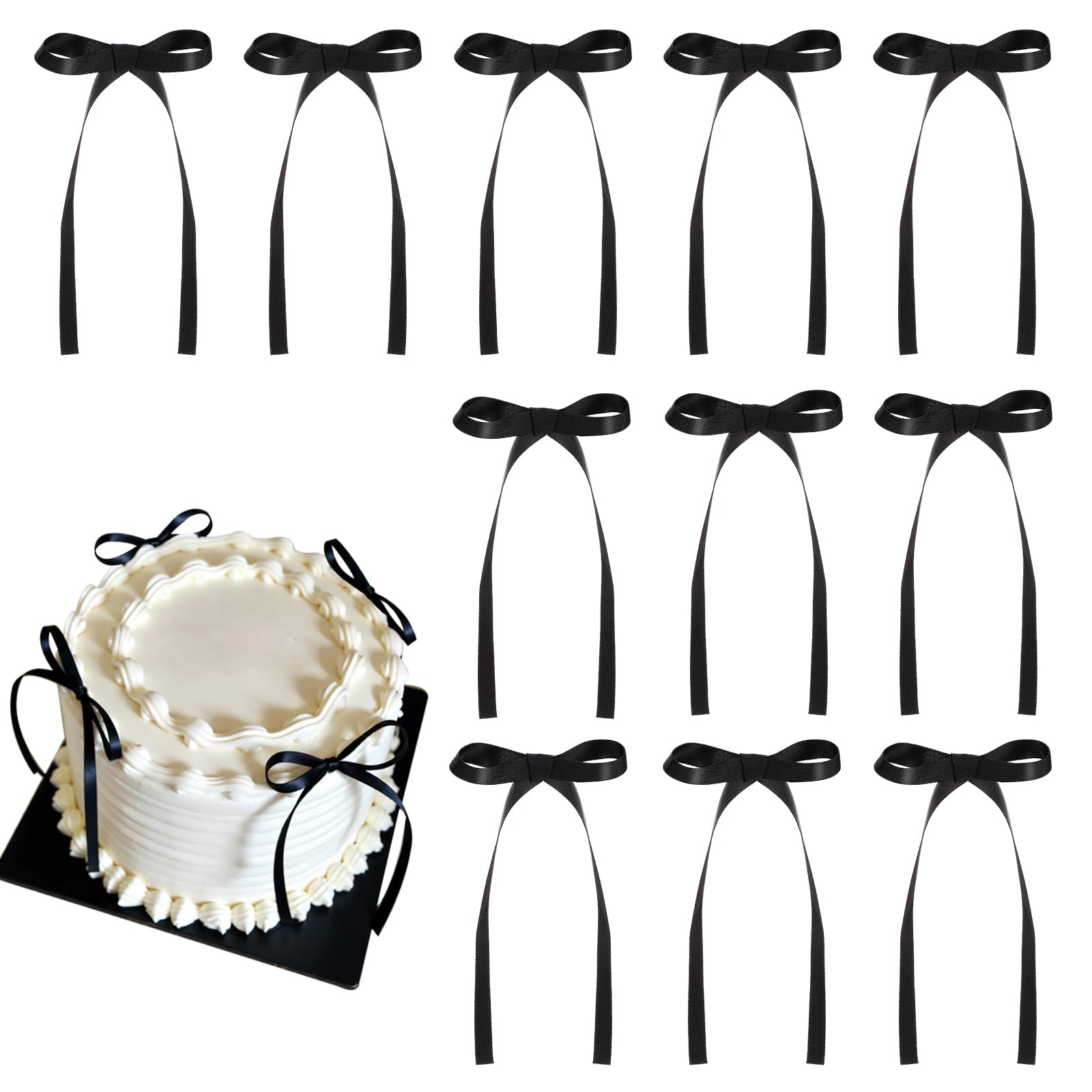 30 Pack Bow Cake Toppers Black Ribbon Bows for Cake Halloween Party Decor | Blac