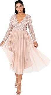 Maya Deluxe Maya Faux Warp Front Embellished Midi Dress Women's Wedding Dress
