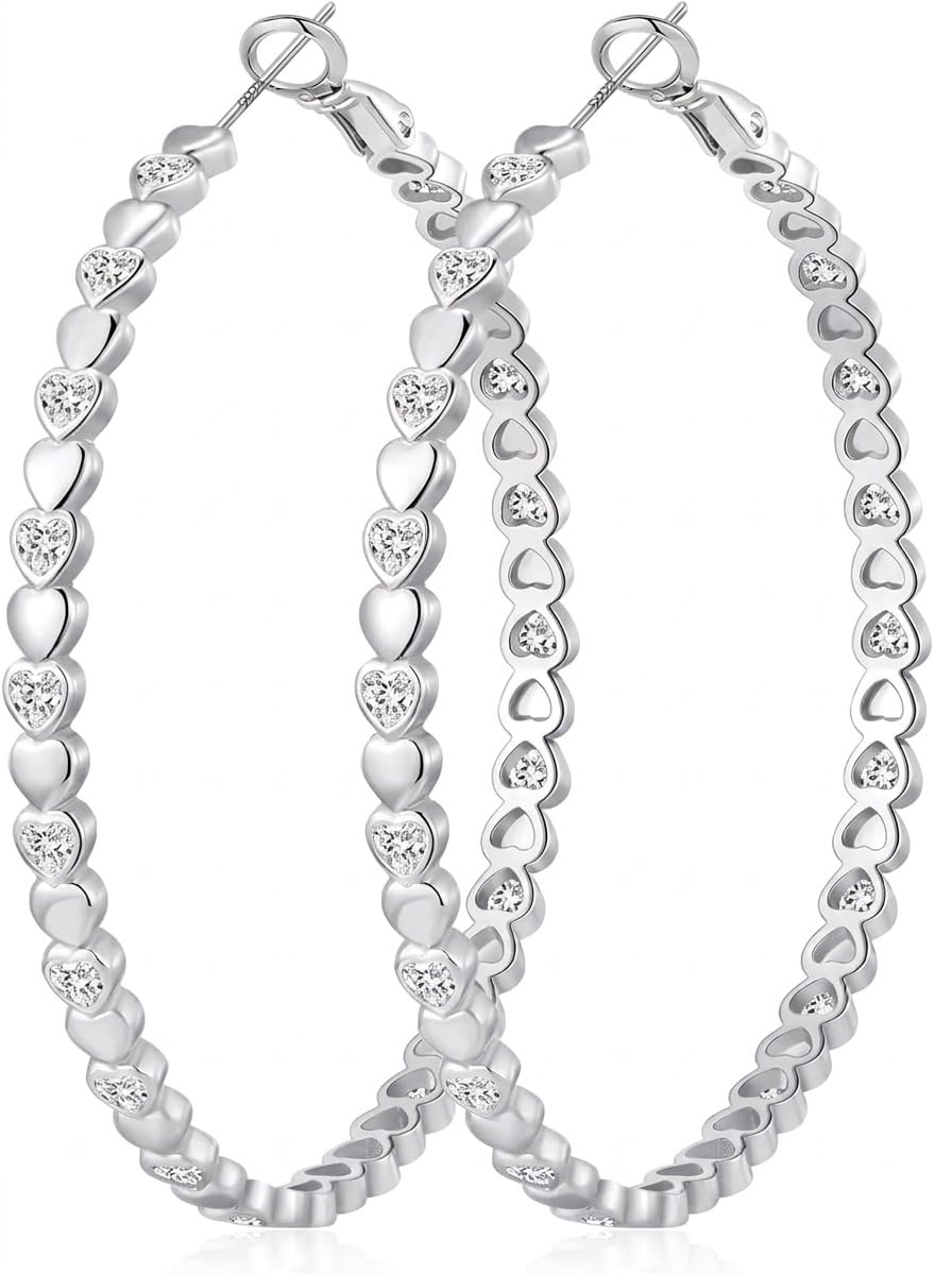 Large Gold/Silver Plated Hoop Earrings for Womens CZ Heart Design