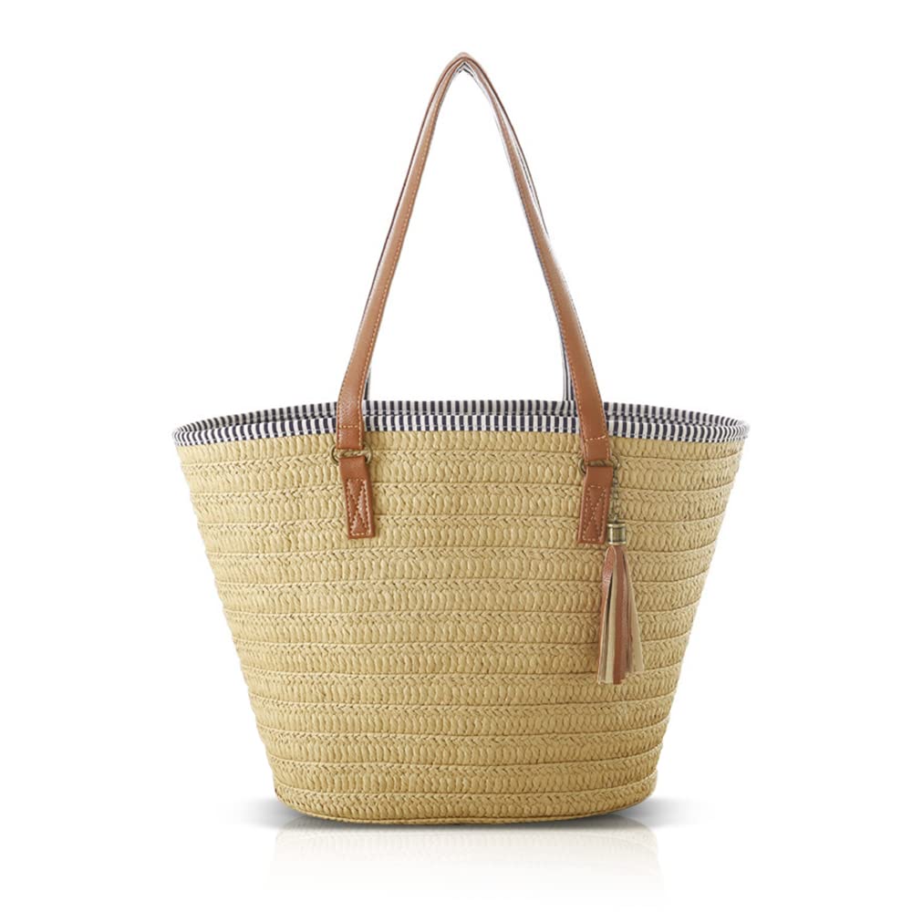 Pahajim Large Tote Bag with Zip Beach Bags for Women Straw Handbag Hand Woven Sh