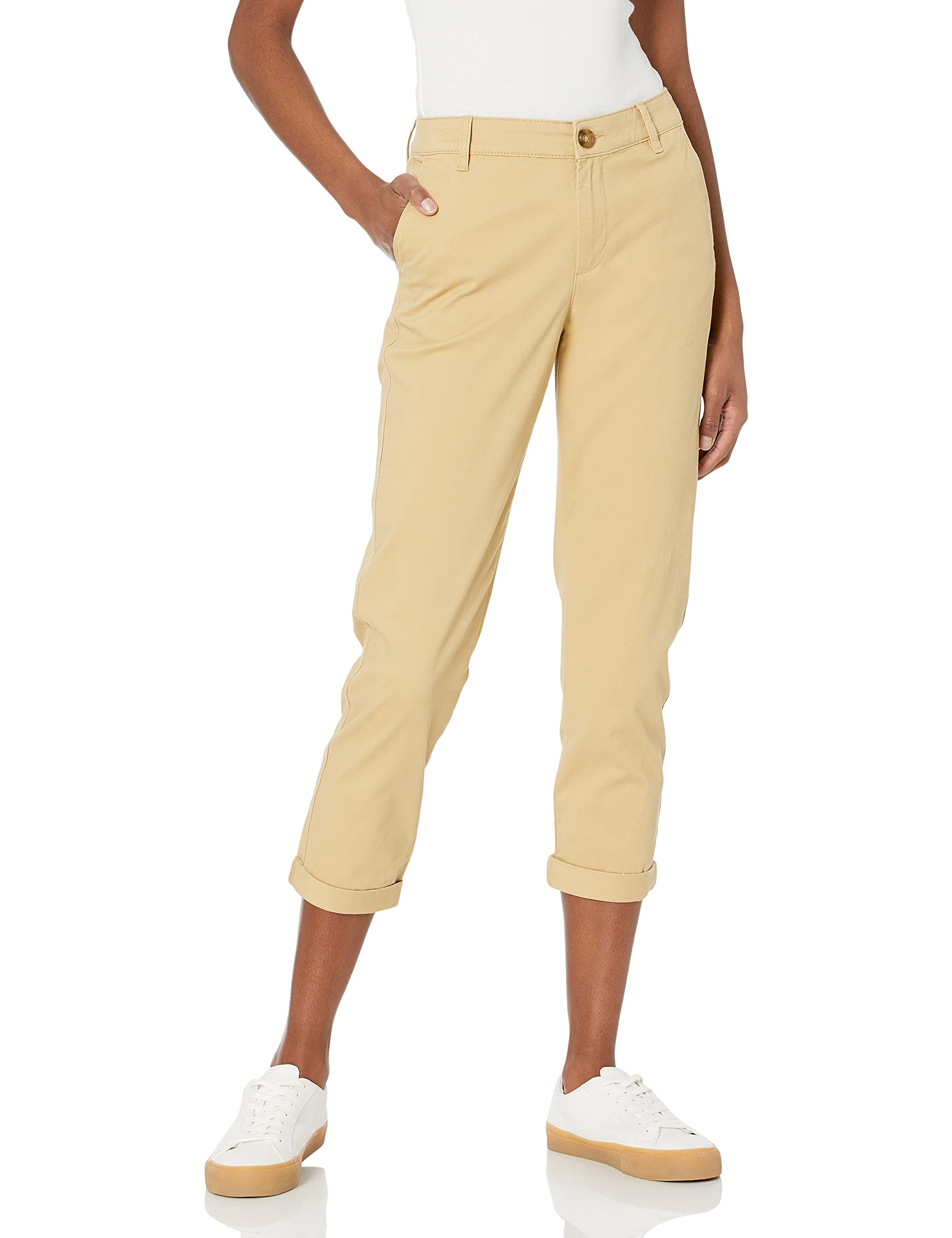 Amazon Essentials Women's Mid-Rise Slim-Fit Stretchy Cropped Tapered Leg Khaki T