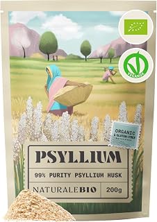NaturaleBio Organic Psyllium Husk 99% Purity Lab-Tested Gluten-Free | 200 g. Pure psyllium seed husks, not powder, for water, juice, yoghurt, smoothies and gluten-free baking.