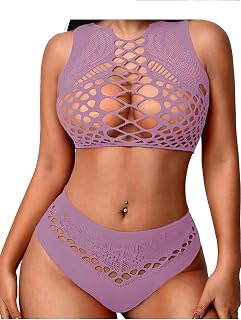 Women Sexy Mesh Lingerie Set Two Piece Sleeveless Crop Top and Panties Set Club Rave Swimwear