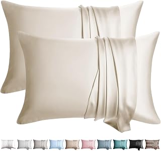 100% Silk Pillow Cases 2 Pack Standard Size Mulberry Silk Pillowcase for Hair and Skin Highest Grade 6A Real Silk Soft Breathable Cooling with Hidden Zipper Set of 2, Beige