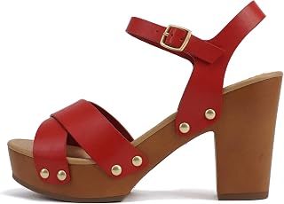 Soda MIGUEL ~ Women Crisscross Band Fashion Chunky Platform Block Mid Heel Sandal with Ankle Strap and Stud
