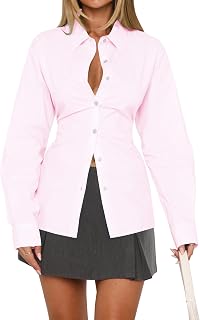 MISSACTIVER Women's Lapel Collar Button Down Shirt Cinch Waist Long Sleeve Casual Work Dressy Tunics Blouse Corset Tops