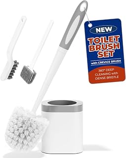Toilet Brush and Holder Set, Space Saving, White, 1 Pack | Bathroom Accessories, Ergonomic Silicone Handle, Dense Bristles, Deep Cleaning, Scrubber, Compact Design, with Crevice Brush