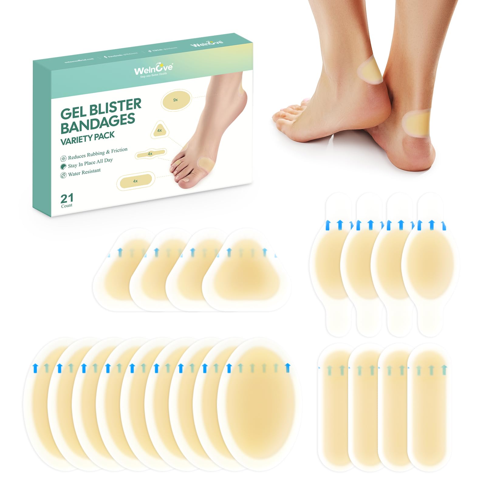 21 Pieces Blister Plasters for Feet - Welnove Invisible Hydrocolloid Gel Blister