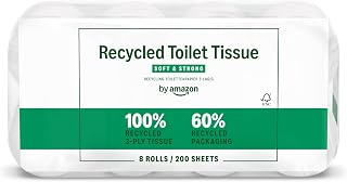 by Amazon Recycled Toilet Paper, 100% Recycled Fibres, 3 Ply, 200 Sheets, 8 Rolls (1 Pack of 8 Rolls), FSC Certified