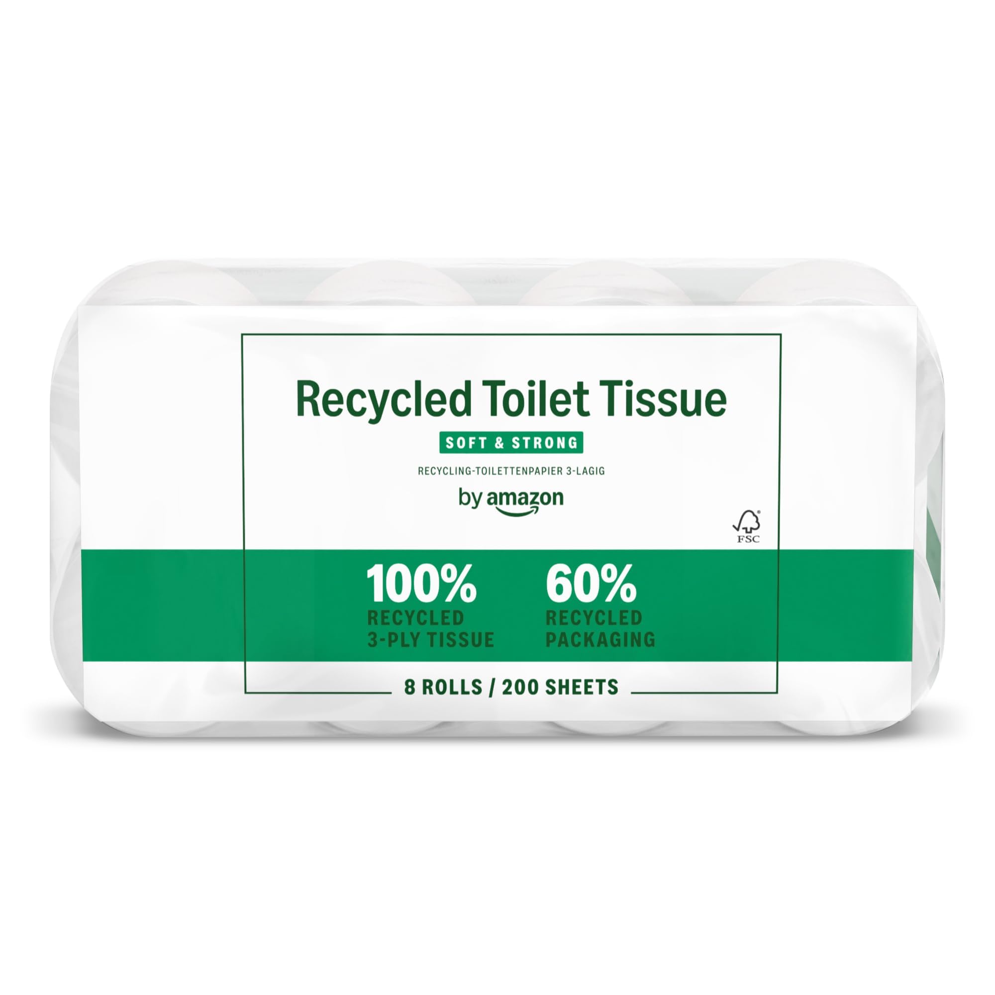 by Amazon Recycled Toilet Paper, 100% Recycled Fibres, 3 Ply, 200 Sheets, 8 Roll