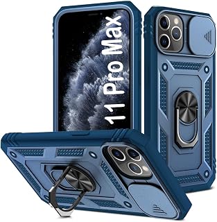 PASNEW for iPhone 11 Pro Max Case Camera Cover Slide Lens Charge Port Dust Plug 360°Rotate Ring Kickstand Heavy Duty Full Body Shockproof Protective Phone 11Promax Blue