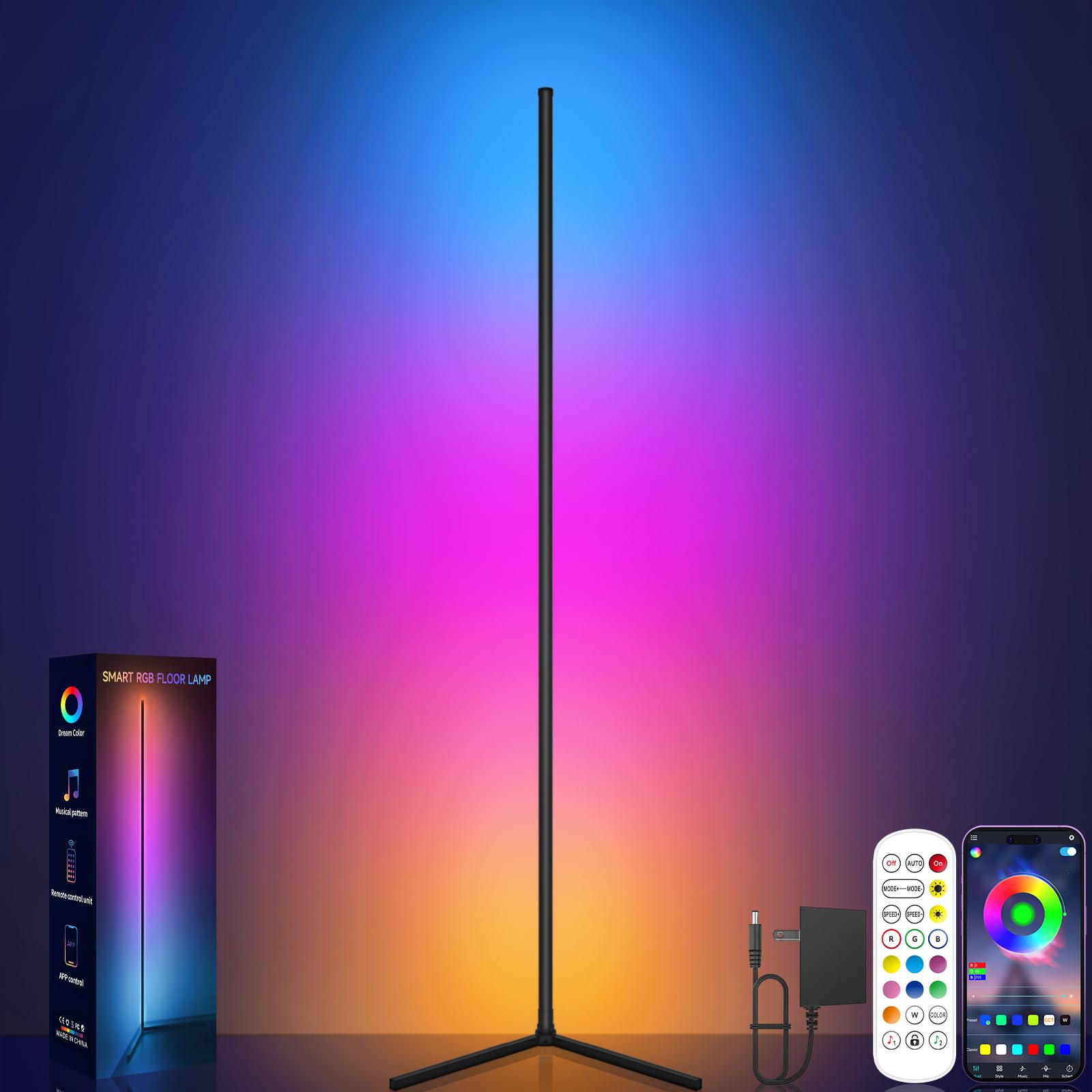 Tyute Corner Floor Lamp, RGB LED Corner Lamp with Music Sync, Smart App and Remo