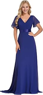 Ever-Pretty Long Evening Dress Double V Neck Ruffle Sleeves