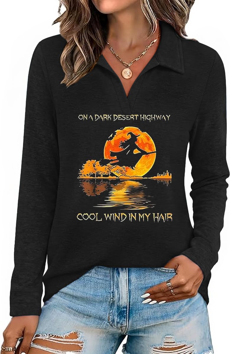 Damen Halloween Thanksgiving Half Zip Langarm Poloshirt Casual Holiday Style Top
