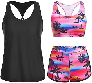 Yonique 3 Piece Athletic Tankini Swimwear for Women with Swim Shorts Tank Tops with Sports Bra and Culottes Swimwear