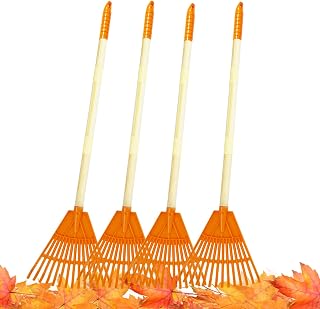 CHEERBANK 4Pcs Kid Rakes, 31" Child Size Plastic Lawn Rakes for Leaves Wooden Handle, Great Gardening Tools Gifts for Boys Girls Age 3 Year Old and Up