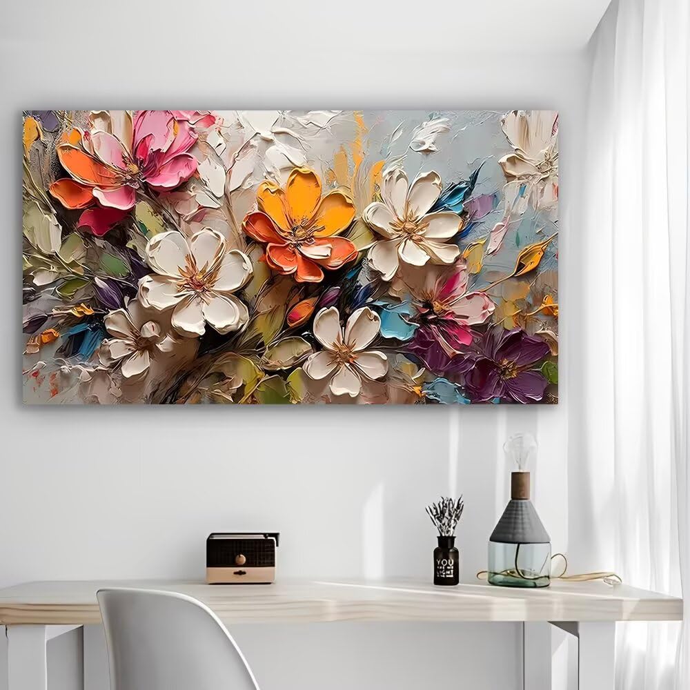 Colorful Flowers Impasto Painting Rustic Canvas Wall Art - 12x24in Unframed Post