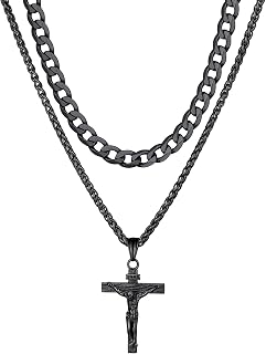 ChainsHouse Cross Necklace for Men Women, Sliver Black Gold Plated Crucifix Pendant Necklaces Layered Cuban Chain Stainless Steel Jewellery Gift