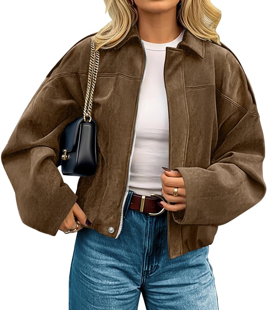 Womens Faux Suede Jackets Fall Outfits Coat Open Front Cropped Jacket