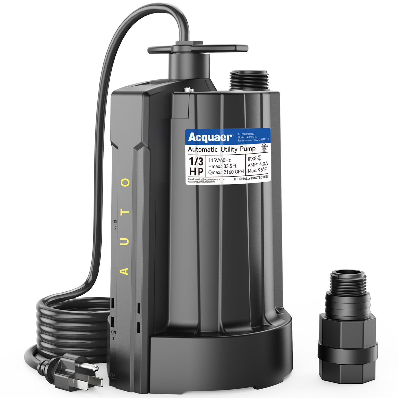 Acquaer 1/3 HP Automatic Submersible Water Pump, 2160 GPH Sump Pump, 115V | Ther