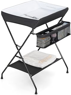 Costzon Changing Table, Portable Baby Changing Table Foldable Diaper Changing Station with Safety Belt, Large Storage Rack &amp; Shelf, Nursery Organizer for Newborn Infant (Black)