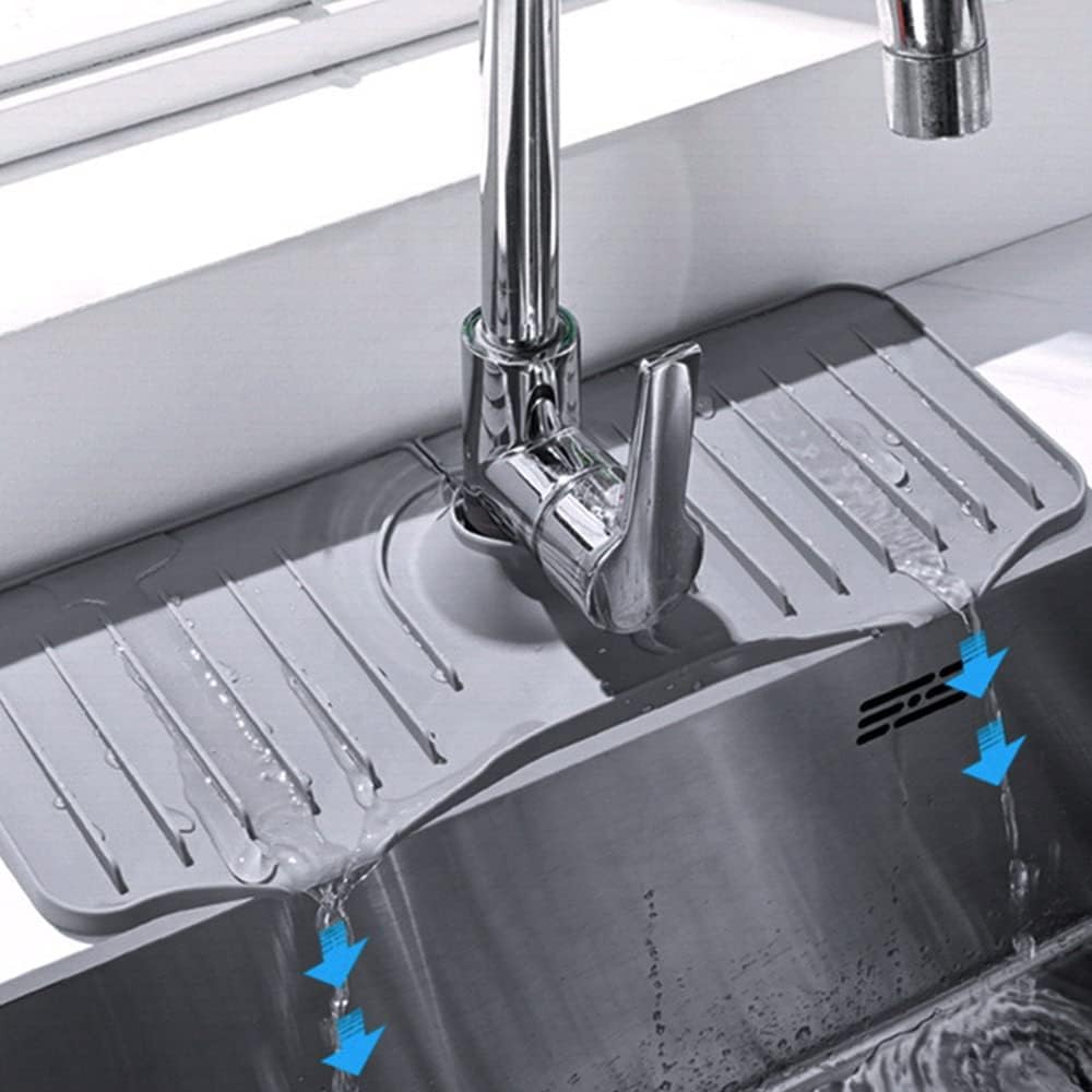 Silicone Faucet Handle Drip Catcher Tray Mat, Non-Slip Self Drain Kitchen Sink F