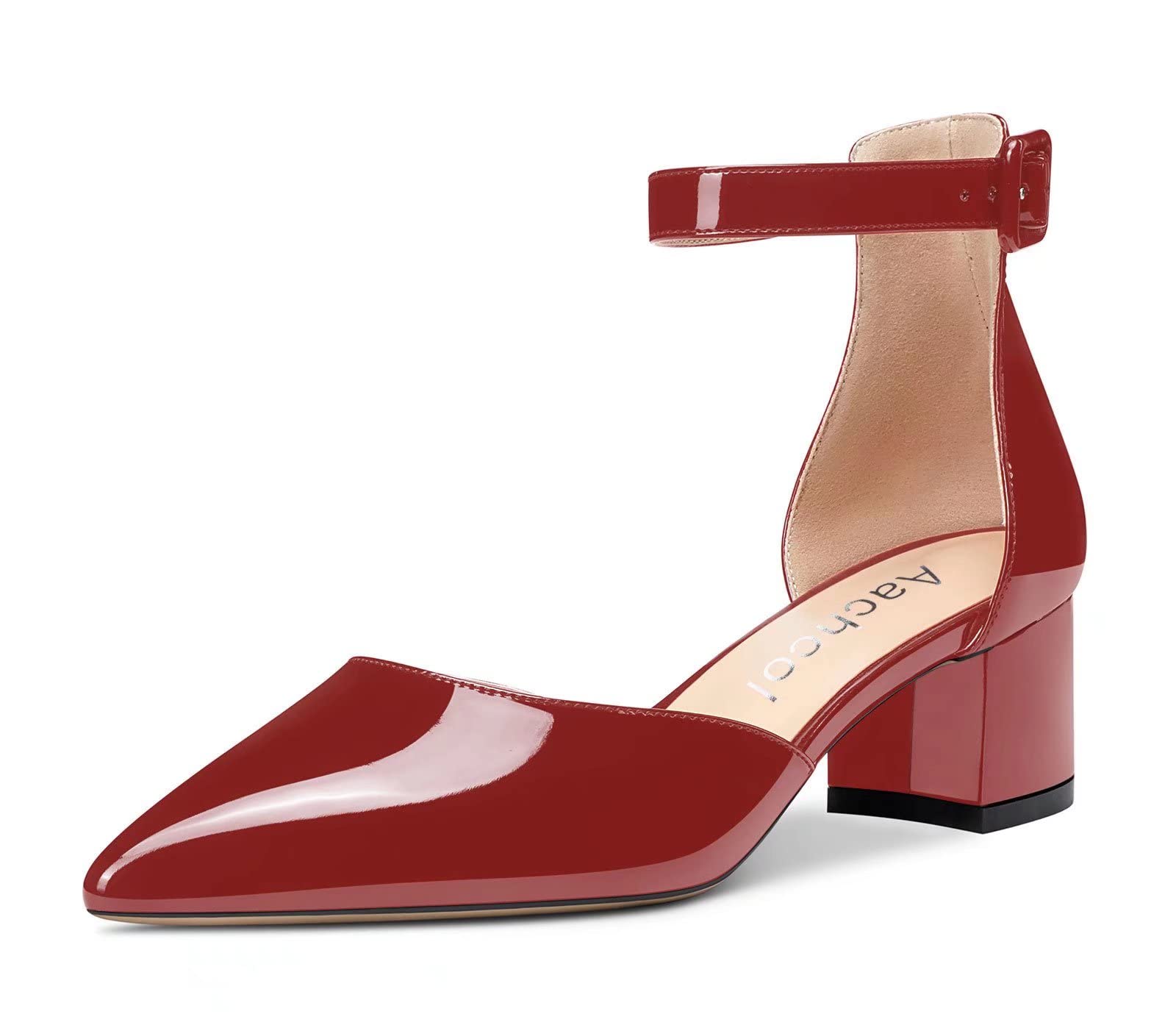 Aachcol Women's Ankle Strap Pumps Closed Toe Chunky Block Mid Heel D'Orsay Two-P