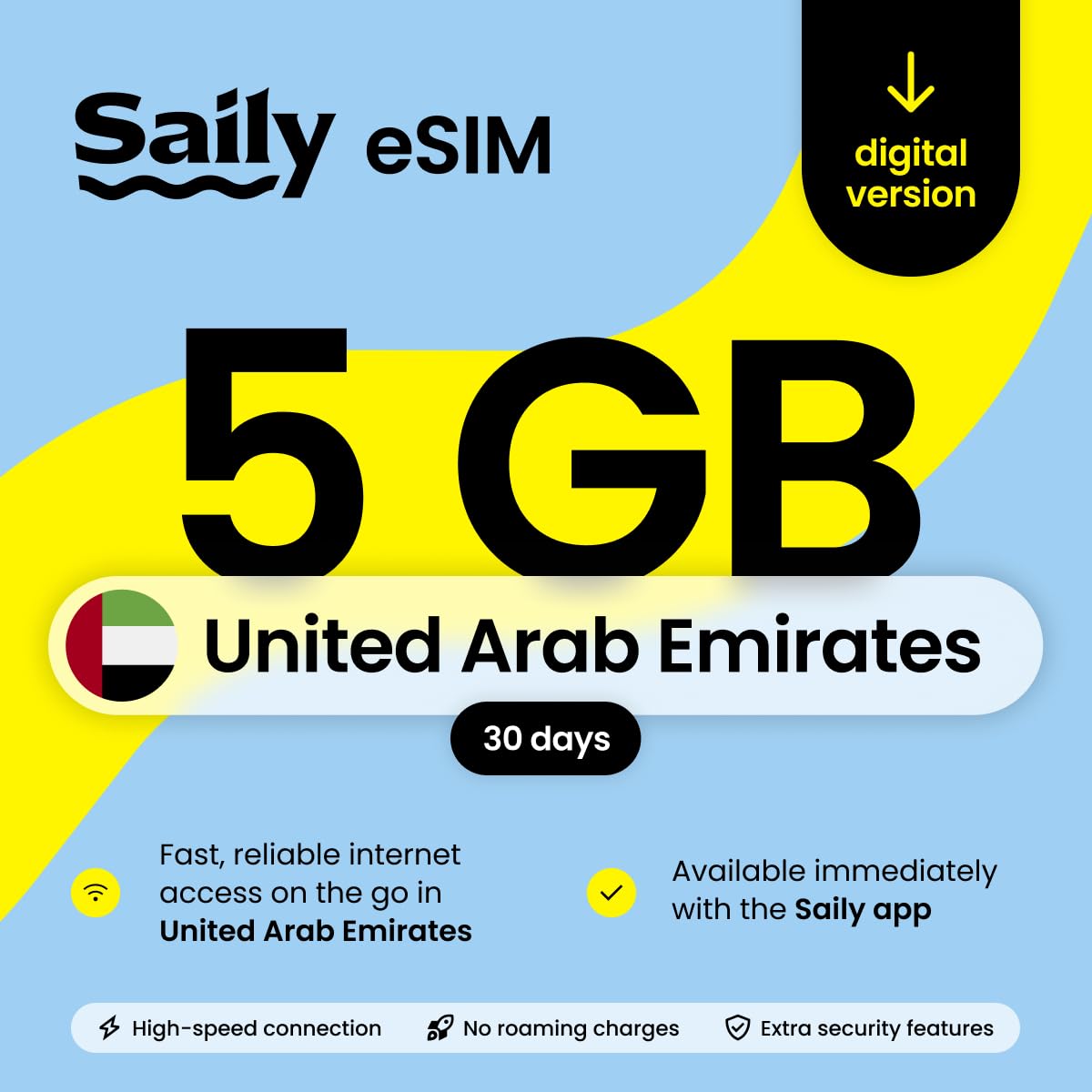 Saily, eSIM Data Plan for the UAE, 5GB/30 Days, Security Features, Digital Code