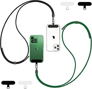Qyoocom Crossbody Phone Lanyard for All Smartphones,Adjustable Nylon Neck Strap*2 with Patches*4, Phone Chain Practical and Stylish (Black+Green)