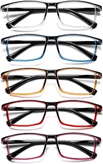 Hubeye Reading Glasses for Women and Men Square Large Frame with Spring Hinges Anti-Blue Light Glasses (Transparent+Blue+Yellow+Red+Purple, 2.50)