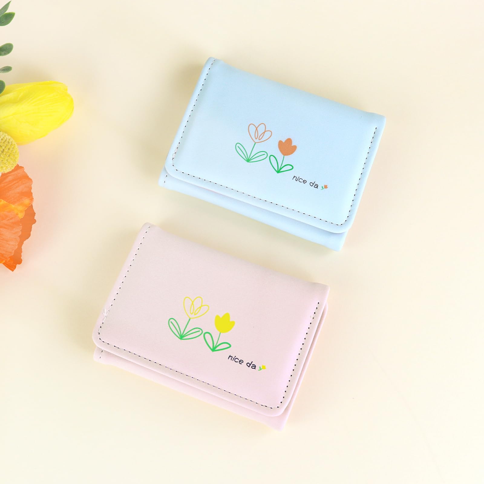 2 Pack Women Three Fold Wallet Mini PU Credit Card Holder with Snap Closure, 5 C