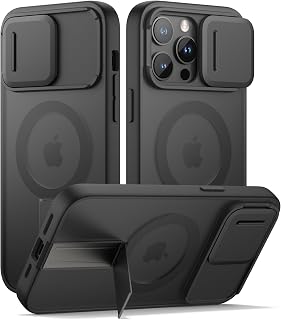 SURITCH for iPhone 14 Pro Max Case, Compatible with MagSafe, Built-in Kickstand & Camera Cover & Translucent Back, Shockproof Rugged Protective Phone Cover 6.7 Inch, Black