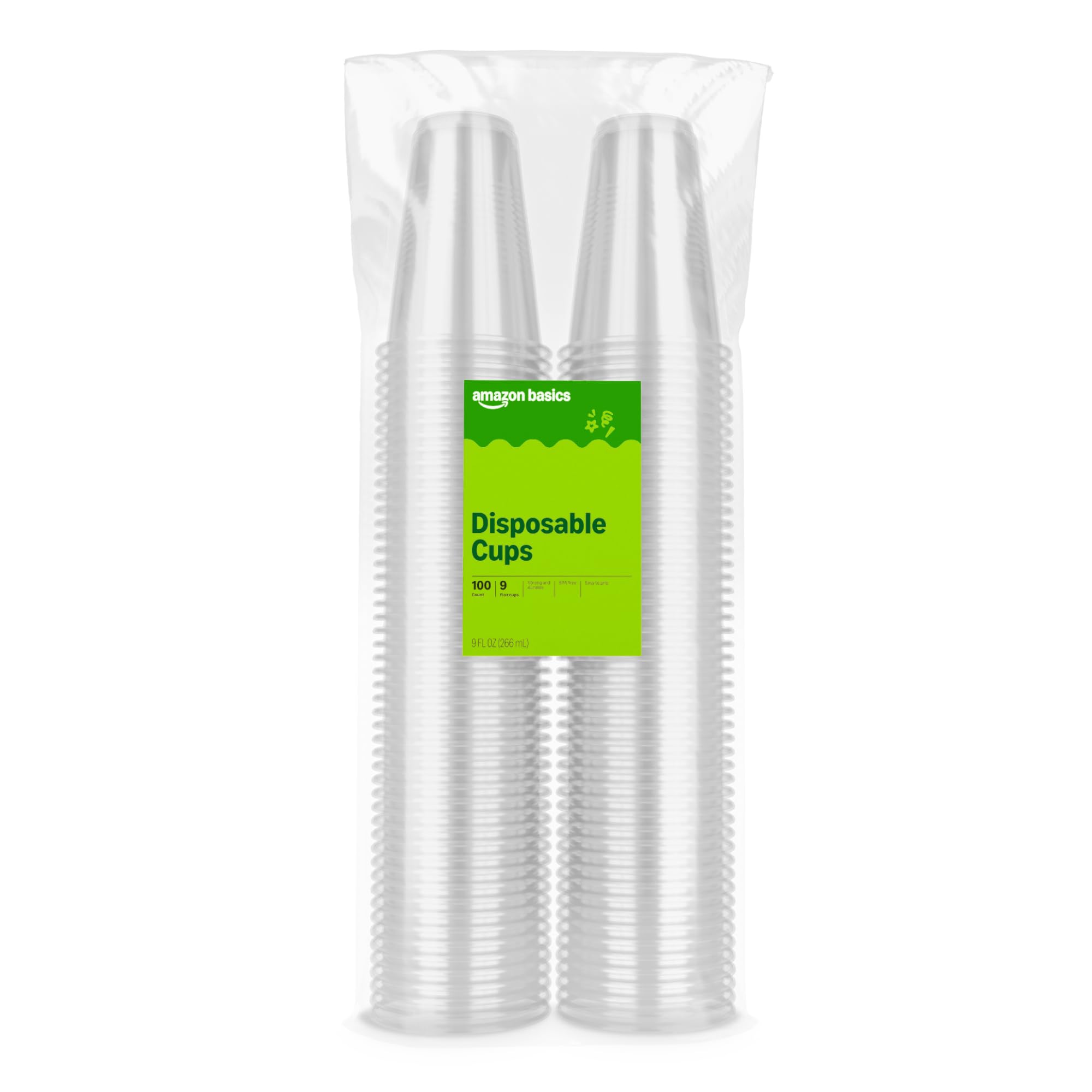 Amazon Basics Small Disposable Clear Plastic Cups, 9oz, 100 Count, Packaging May