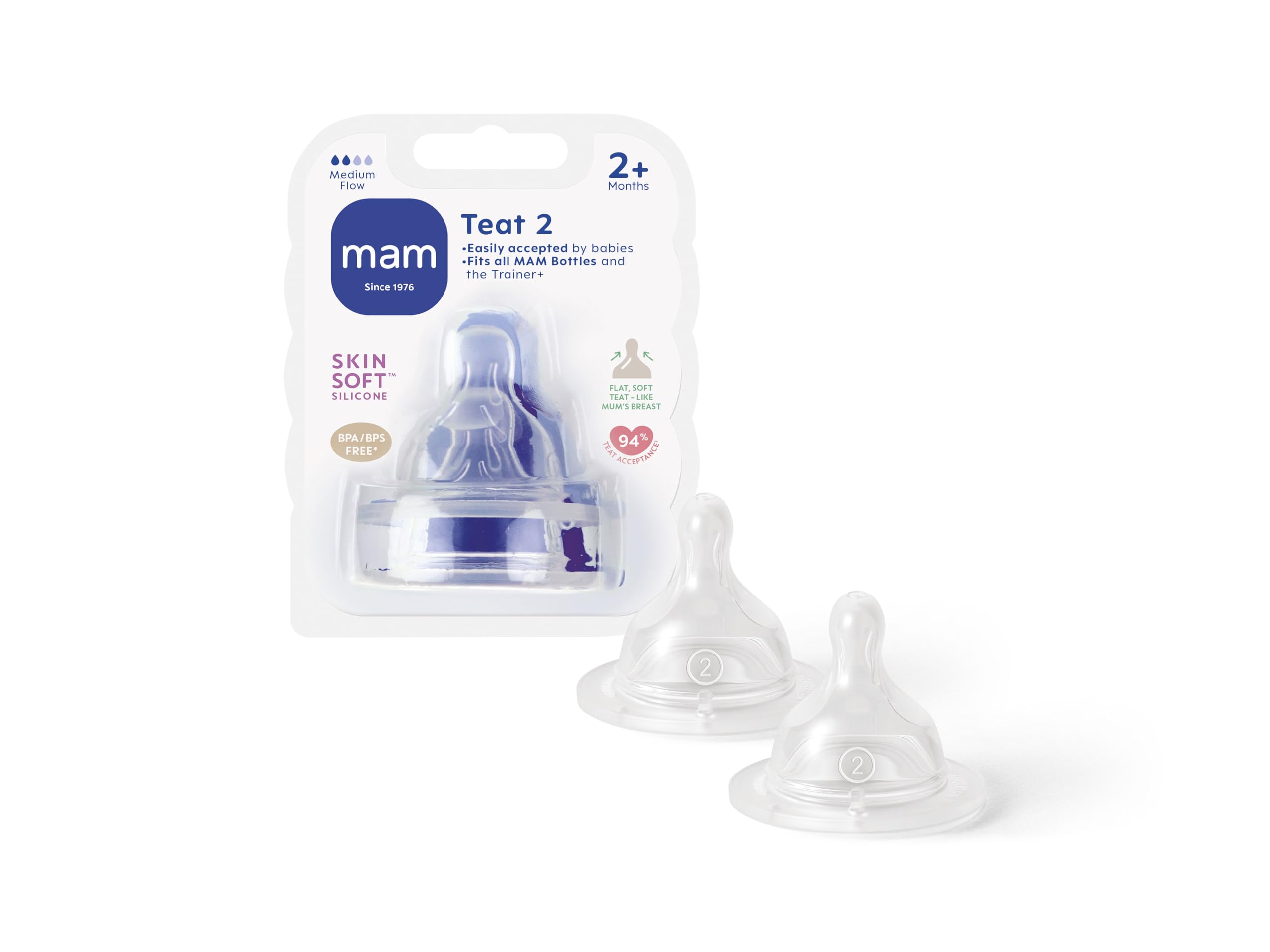 MAM Set of 2 Flat Ultra-Soft Silicone Teats for Baby Bottles 2+ Months
