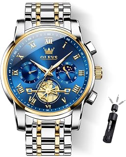 OLEVS Watch for Men Luxury Stainless Steel Big Face Analog Chronograph Waterpoof Moon Phase Luminous Multifunction Mens Watches,Roman Numeral Montre Homme,Business Meetings,Office Casual Wear