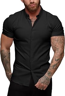 URRU Men's Muscle Shirt Slim Fit Stretch Short Sleeve Casual Button Down Shirts for Men