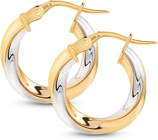 Amberta 9 and 14 Carat Gold Twisted Hoop Earrings for Women, Two-Tone Diamond-Cut 10mm 15mm 20mm Solid Gold Made in Italy