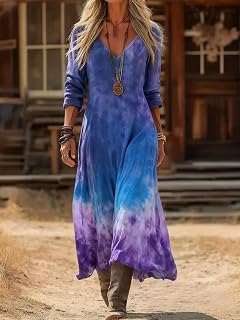 Dresses for Women Long Sleeve V Neck Tie Dye Print A-Line Maxi Dress Elegant Casual Autumn Clothes 2026