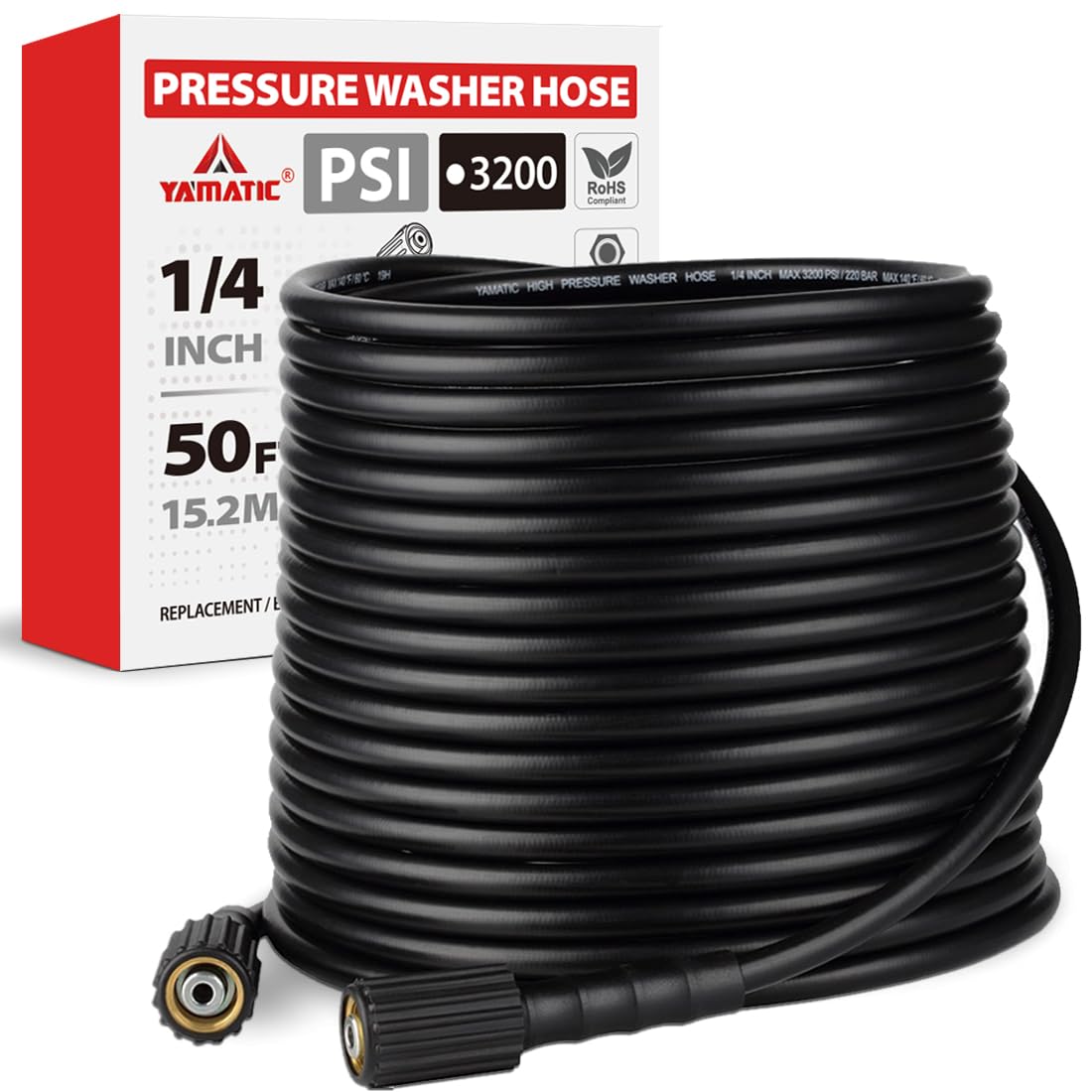 YAMATIC Pressure Washer Hose 50 FT 1/4", 3200 PSI, M22-14mm Females | Kink-Resis
