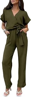 PRETTYGARDEN Women's Casual Short Sleeve V Neck Jumpsuit with Belt