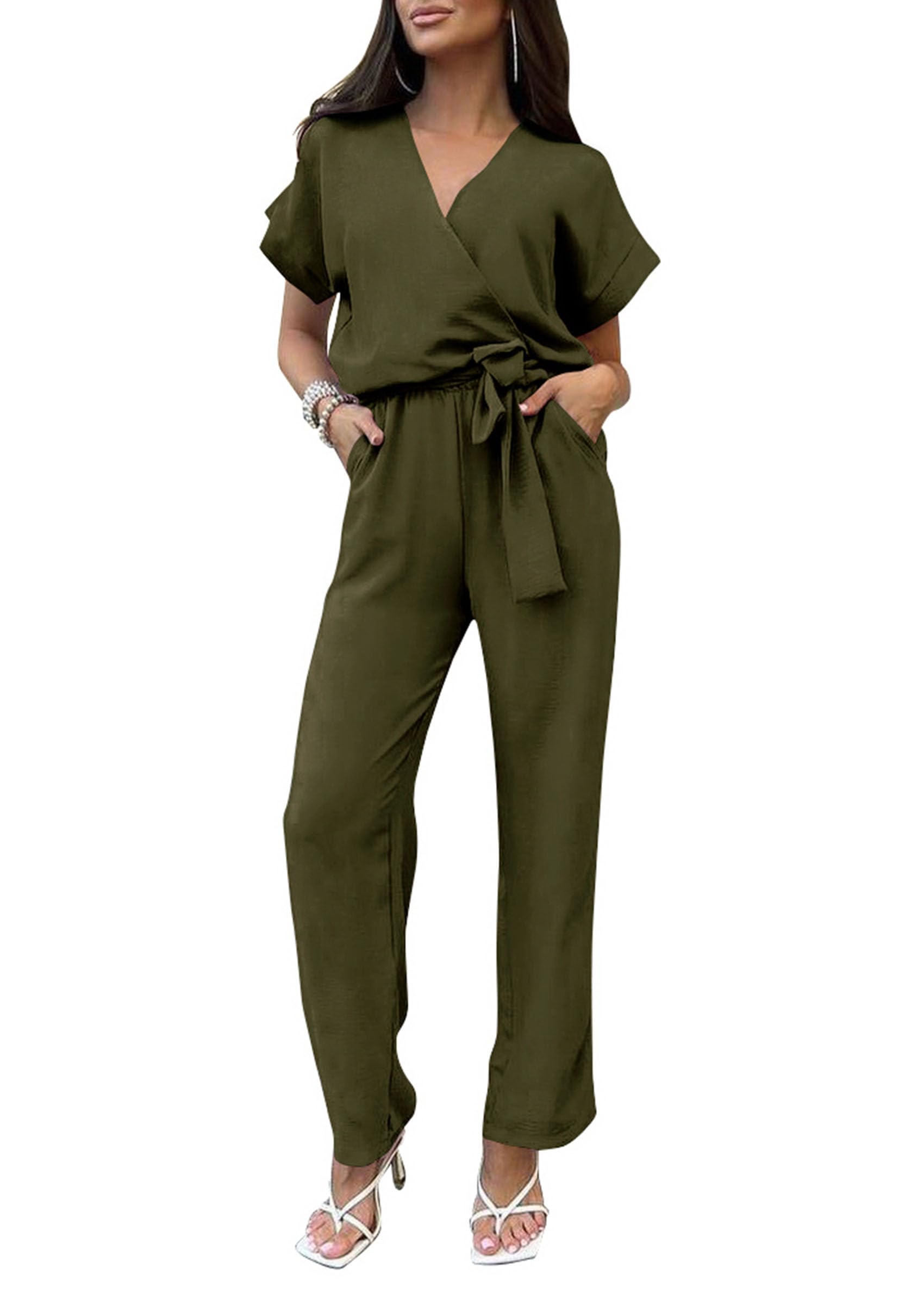PRETTYGARDEN Women's Casual Short Sleeve V Neck Jumpsuit with Belt