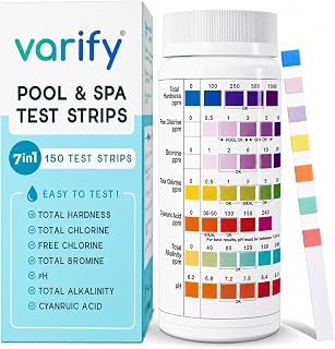 Varify 7in1 Pool Test Strips 150 Hot Tub Test Strips and Spa Test Strips | 150 Strip tests 7 parameter which includes Water Hardness, Free and Total Chlorine, Bromine, pH, Alkalinity and Cyanuric Acid